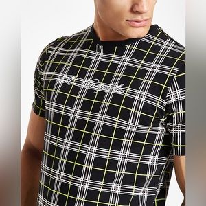 River Island Black Neon Check Slim Fit T-Shirt - Short Sleeve